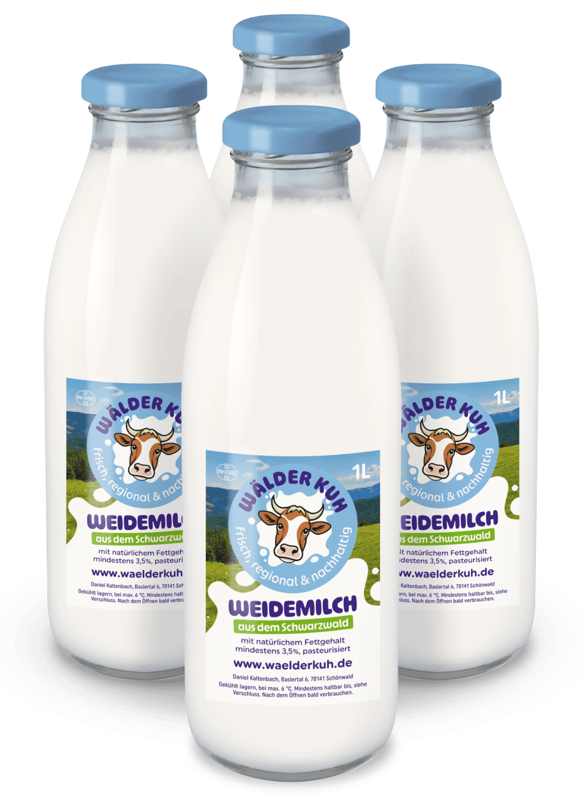 1 Liter Milchflaschen von Wälder Kuh.